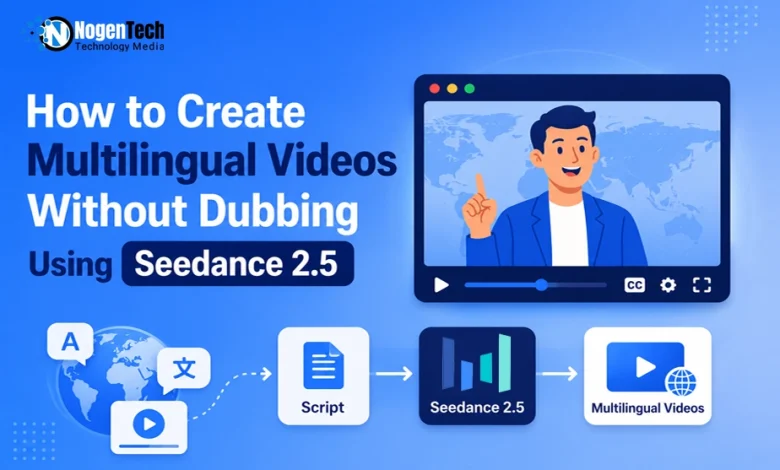 Flowchart showing script to Seedance 2.5 conversion next to a video player presenting an AI presenter.
