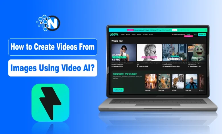 Laptop displaying a video AI platform interface alongside an image-to-video app icon, representing AI video creation from images.