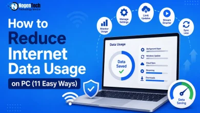 Laptop screen displaying data usage settings surrounded by data-saving icons and NogenTech branding.