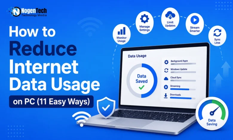 Laptop screen displaying data usage settings surrounded by data-saving icons and NogenTech branding.