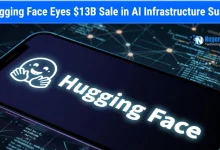 Smartphone screen showing the Hugging Face logo displaying the headline "Hugging Face Eyes $13B Sale in AI Infrastructure Surge" for NogenTech.
