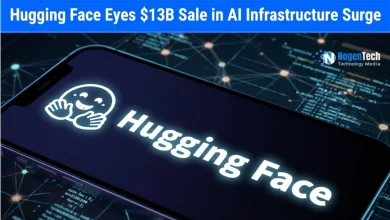 Smartphone screen showing the Hugging Face logo displaying the headline "Hugging Face Eyes $13B Sale in AI Infrastructure Surge" for NogenTech.