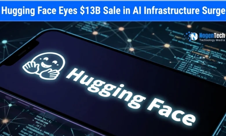 Smartphone screen showing the Hugging Face logo displaying the headline "Hugging Face Eyes $13B Sale in AI Infrastructure Surge" for NogenTech.