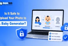 Laptop screen showing a photo upload to an AI baby generator with a privacy and security concept.