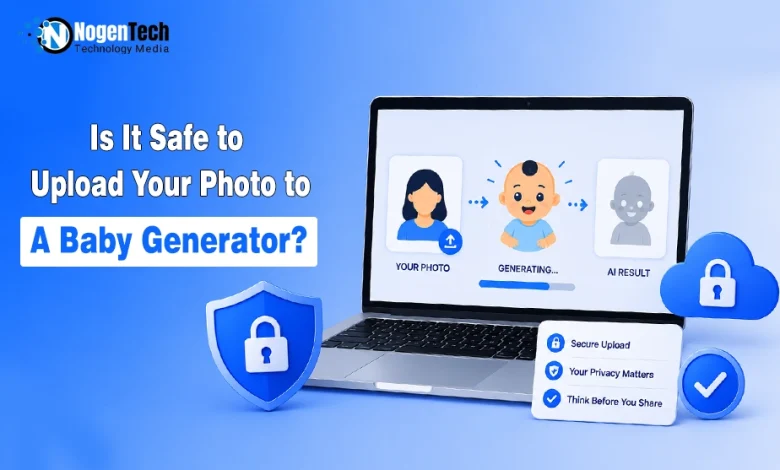 Laptop screen showing a photo upload to an AI baby generator with a privacy and security concept.