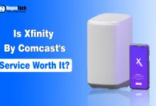 Xfinity by Comcast internet gateway and Xfinity mobile app with text asking, “Is Xfinity by Comcast’s Service Worth It?”