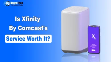 Xfinity by Comcast internet gateway and Xfinity mobile app with text asking, “Is Xfinity by Comcast’s Service Worth It?”