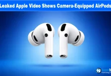 Pair of white AirPods Pro with built-in camera lenses on the stems set against a blue background with NogenTech branding.