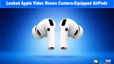 Pair of white AirPods Pro with built-in camera lenses on the stems set against a blue background with NogenTech branding.