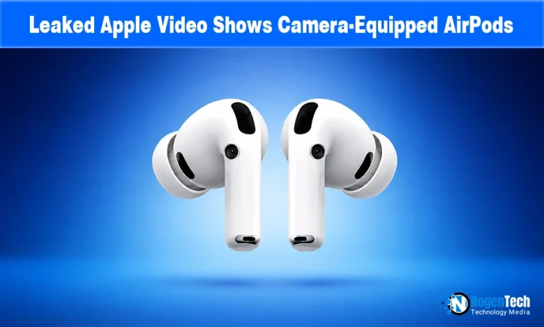 Pair of white AirPods Pro with built-in camera lenses on the stems set against a blue background with NogenTech branding.