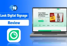 Laptop displaying Look Digital Signage homepage alongside green Look logo.