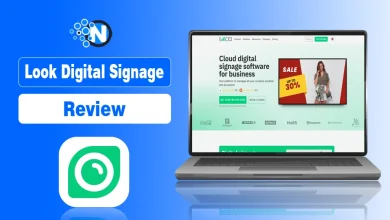 Laptop displaying Look Digital Signage homepage alongside green Look logo.