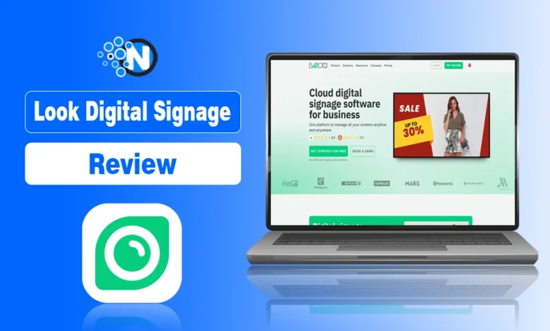 Laptop displaying Look Digital Signage homepage alongside green Look logo.