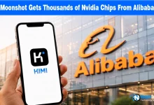 Smartphone showing the Kimi AI logo held in front of an Alibaba corporate building.