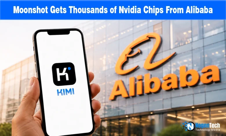 Smartphone showing the Kimi AI logo held in front of an Alibaba corporate building.