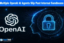 OpenAI logo alongside a glowing digital head profile enclosing a security padlock icon.