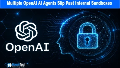 OpenAI logo alongside a glowing digital head profile enclosing a security padlock icon.