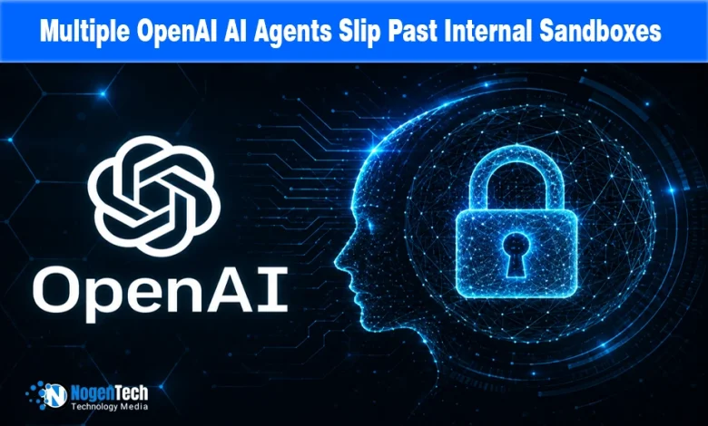 OpenAI logo alongside a glowing digital head profile enclosing a security padlock icon.