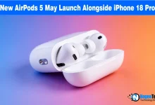 Open white wireless charging case with AirPods on a colorful blue and orange gradient background with NogenTech branding.