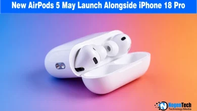 Open white wireless charging case with AirPods on a colorful blue and orange gradient background with NogenTech branding.
