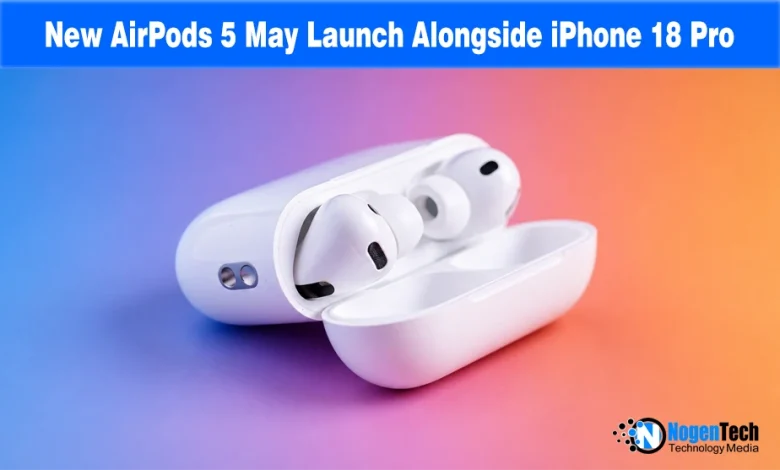 Open white wireless charging case with AirPods on a colorful blue and orange gradient background with NogenTech branding.