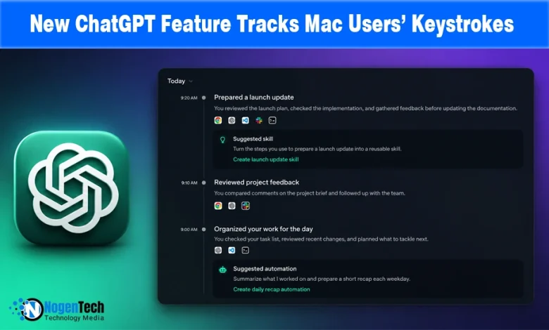 ChatGPT Mac app displaying activity timeline and Computer History feature with NogenTech branding.