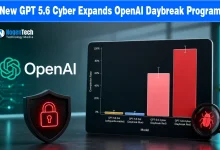 OpenAI logo next to a red security shield and a tablet showing a bar graph comparing GPT-5.6 Cyber completion rates.