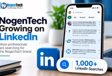 Smartphone showing LinkedIn search notifications next to a 3D LinkedIn icon and NogenTech branding.