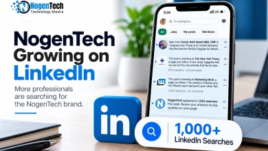 Smartphone showing LinkedIn search notifications next to a 3D LinkedIn icon and NogenTech branding.