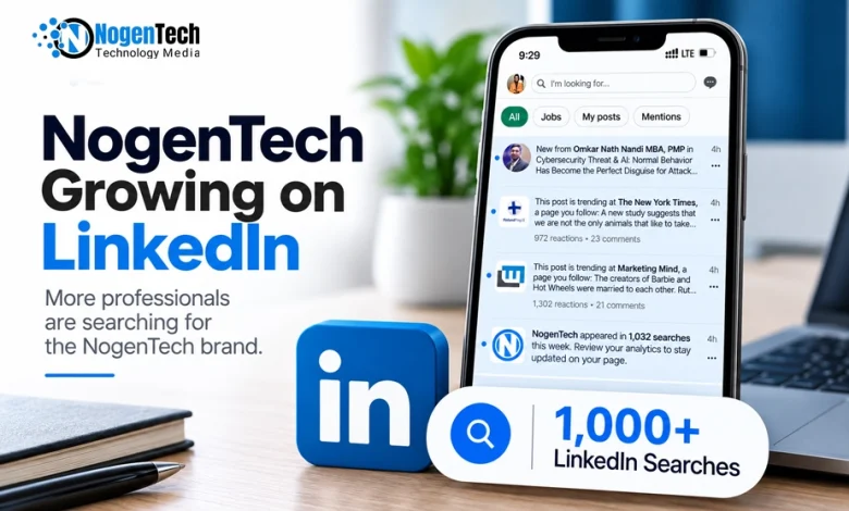 Smartphone showing LinkedIn search notifications next to a 3D LinkedIn icon and NogenTech branding.