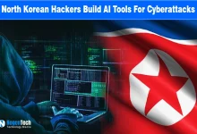 Hooded hacker coding on a laptop in front of a waving North Korean flag.