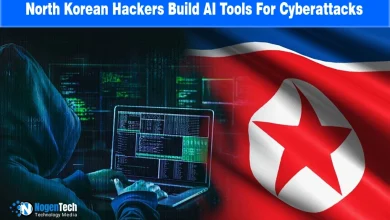 Hooded hacker coding on a laptop in front of a waving North Korean flag.