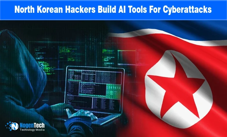 Hooded hacker coding on a laptop in front of a waving North Korean flag.