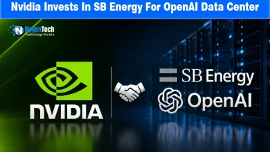 Nvidia, SB Energy, and OpenAI logos with a handshake icon against a server room background and NogenTech branding.