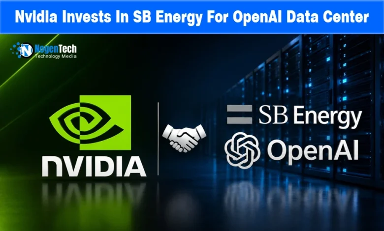 Nvidia, SB Energy, and OpenAI logos with a handshake icon against a server room background and NogenTech branding.