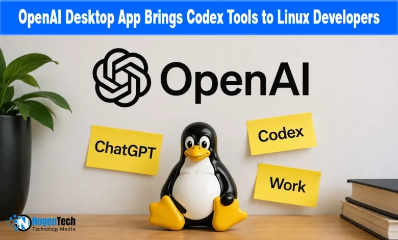 Tux the Linux penguin mascot surrounded by yellow notes reading ChatGPT, Codex, and Work below an OpenAI logo.