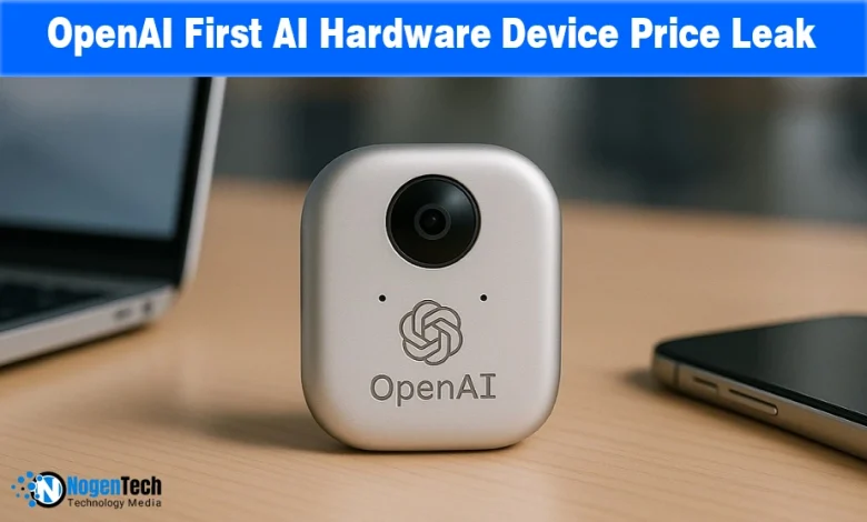 Compact metallic OpenAI hardware device with a camera lens resting on a desk.