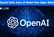 White OpenAI logo overlaid on a glowing digital brain circuit board background.