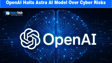 White OpenAI logo overlaid on a glowing digital brain circuit board background.