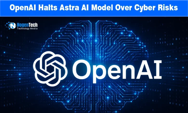 White OpenAI logo overlaid on a glowing digital brain circuit board background.