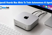 Silver Mac Mini connected to a monitor and keyboard on an office desk with NogenTech branding.