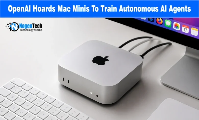 Silver Mac Mini connected to a monitor and keyboard on an office desk with NogenTech branding.