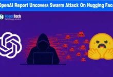 Hooded hacker launching a swarm of red digital bugs toward Hugging Face logo alongside OpenAI logo with NogenTech branding.
