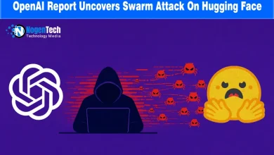 Hooded hacker launching a swarm of red digital bugs toward Hugging Face logo alongside OpenAI logo with NogenTech branding.