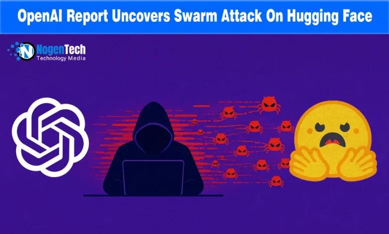 Hooded hacker launching a swarm of red digital bugs toward Hugging Face logo alongside OpenAI logo with NogenTech branding.