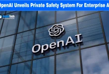 OpenAI logo mounted on a glass skyscraper building facade with NogenTech branding.