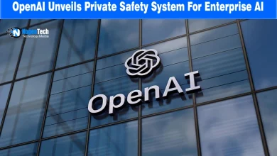 OpenAI logo mounted on a glass skyscraper building facade with NogenTech branding.
