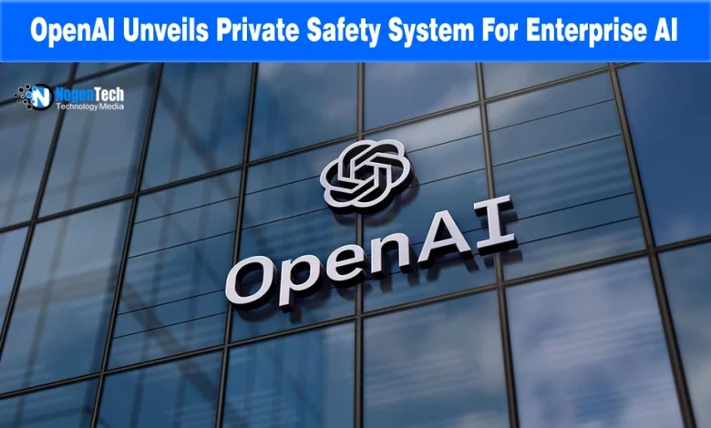 OpenAI logo mounted on a glass skyscraper building facade with NogenTech branding.
