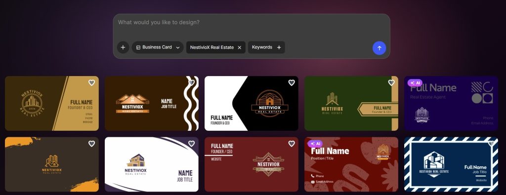 Design.com search and business card template selection screen
