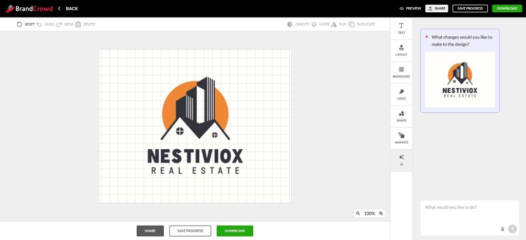 BrandCrowd logo editor showing a real estate logo design